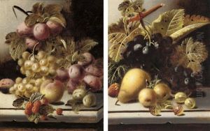 Plums, Grapes, A Peach And Raspberries (+ Grapes, Greengages, Strawberry, Pear And Gooseberries; Pair)