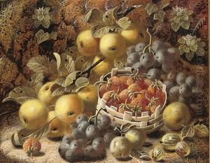 Greengages, Grapes, Strawberries And Gooseberries On A Mossy Bank by Oliver Clare