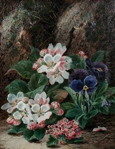 Still Life Of Plums, Apples And Strawberries (+ A Still Life Of Pansies And Primroses; Pair) by Oliver Clare