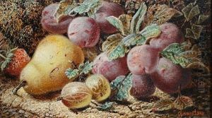 Still Life Of Plums, Gooseberries, A Pear And A Strawberry On A Mossy Bank by Oliver Clare