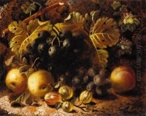 Still Life Of Goosebery's And Grapes (+ Still Life Of Bird's Nest With Flowers; Pair) by Oliver Clare