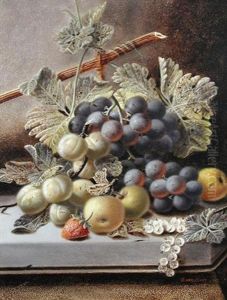 A Bunch Of Grapes And Plums On A Ledge (+ Plums, Grapes And Strawberries On A Ledge; Pair) by Oliver Clare