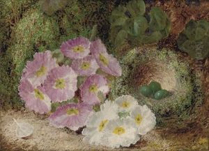 A Bird's Nest And Eggs With Flowers On A Mossy Bank (+ Grapes, Plums And Raspberries On A Mossy Bank; Pair) by Oliver Clare
