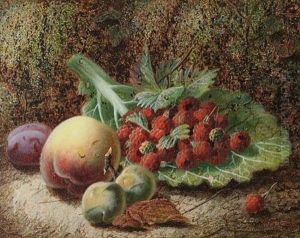 Still Life With Peach, Raspberries And Fruit On A Mossy Bank by Oliver Clare