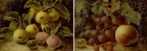 A Still Life Of Apples And Plums On A Bank (+ A Still Life Of Grapes And Raspberries On A Mossy Bank; Pair) by Oliver Clare