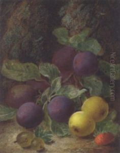 Still Life Of Plums, Gooseberries, Apples And A Strawberry On A Mossy Bank by Oliver Clare