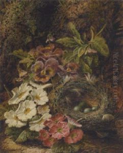 A Still Life With A Bird's Nest, Pansies And Other Wildflowers On A Mossy Bank