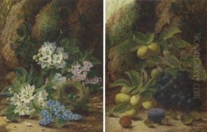 Primroses And Apple Blossom, A Bird's Nest With Eggs, On A Mossy Bank by Oliver Clare
