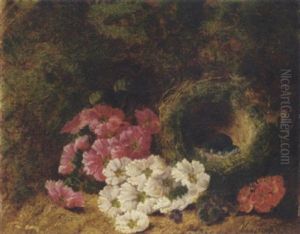 Pink, Red, White And Purple Violets, A Bird's Nest With Eggs Against A Mossy Landscape by Oliver Clare