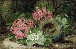 Blossom And A Bird's Nest With Eggs, On A Mossy Bank by Oliver Clare
