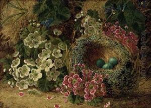 Blossom And A Bird's Nest With Eggs, On A Mossy Bank by Oliver Clare