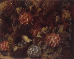 Still Life Of Bird's Nest And Flowers by Oliver Clare
