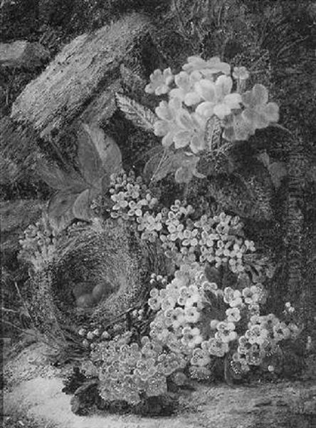 Still Life Of Yellow, Blue, White And Red Flowers With Bird's Nest - view 1