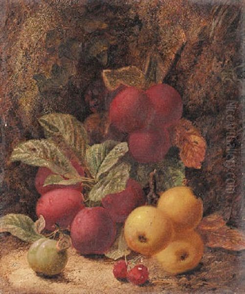Still Life Of Apples, A Plum And Raspberries On A Mossy Bank - view 1