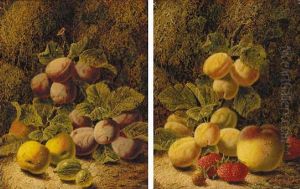 Plums, Apples And Gooseberries On A Mossy Bank by Oliver Clare