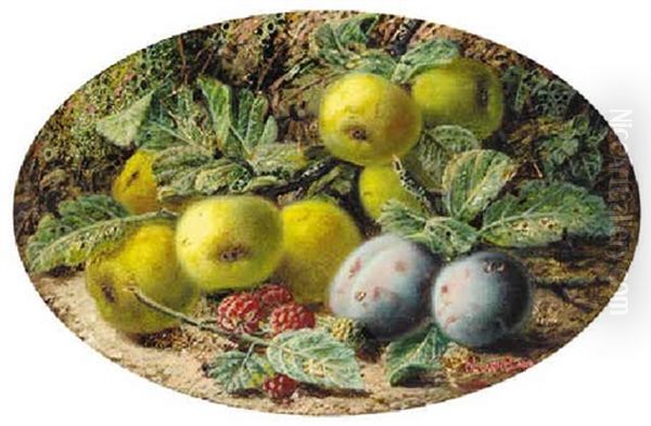 Apples, Plums And Raspberries On A Mossy Bank - view 1