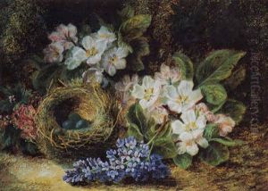 Still Life With Bird's Nest And Pink And White Flowers by Oliver Clare
