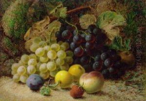 Grapes, Apples, A Plum, A Peach And A Strawberry On A Mossy Bank