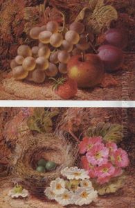 Grapes, Plums, An Apple And Strawberry, On A Mossy Bank
