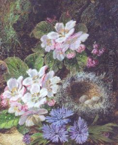 Apple Blossom And A Bird's Nest With Eggs On A Mossy Bank Apple Blossom And A Bird's Nest With Eggs On A Mossy Bank