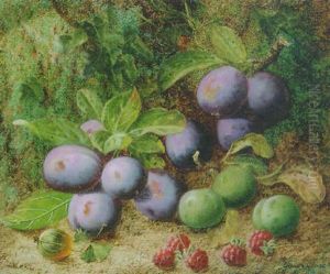 Plums, Greengages, Raspberries And Gooseberries On A Mossy Bank