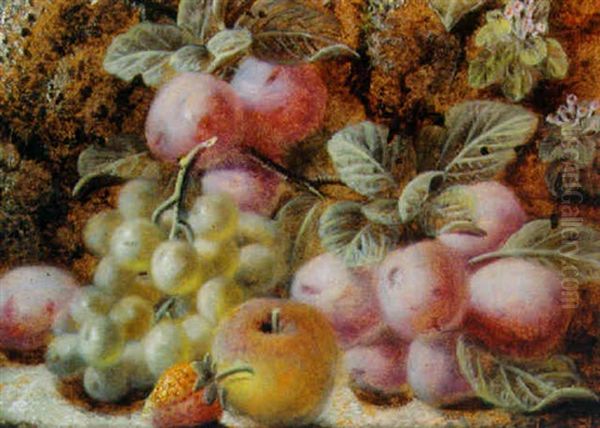 Plums, Grapes, With An Apple And A Strawberry On A Mossy Bank - view 1