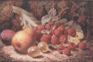Gooseberries, A Pear, A Plum, And Raspberries On A Cabbage Leaf, On A Mossy Bank Gooseberries, A Pear, A Plum, And Raspberries On A Cabbage Leaf, On A Mossy Bank