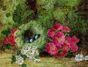 Primulas, Apple Blossom, And A Bird's Nest With Eggs On A Mossy Bank by Oliver Clare