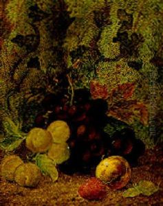 Grapes, Plums, An Apple And A Strawberry On A Mossy Bank by Oliver Clare