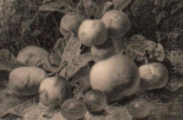 Plums, Gooseberries And An Apple On A Mossy Bank - view 1