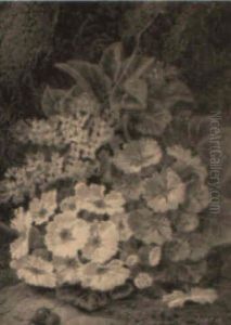 Still Life Of Primulas And Lilac by Oliver Clare