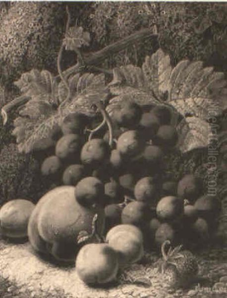 Grapes, Apricots, A Plum And A Strawberry On A Mossy Bank - view 1