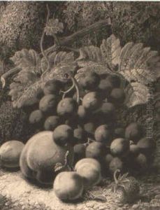 Grapes, Apricots, A Plum And A Strawberry On A Mossy Bank