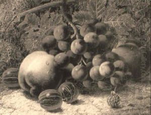 Gooseberries, Grapes, Peaches And A Raspberry On A Mossy Bank by Oliver Clare