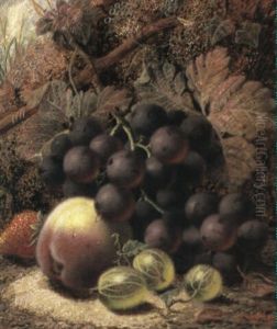 A Peach, Strawberries, Gooseberries And Grapes On A Mossy Bank by Oliver Clare