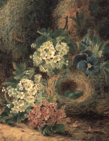 A Hedge Sparrow's Nest, Pansies And Hawthorn On A Mossy Bank - view 1