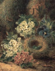A Hedge Sparrow's Nest, Pansies And Hawthorn On A Mossy Bank by Oliver Clare