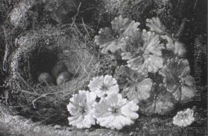 Still Life Of Flowers And A Bird's Nest On A Mossy Bank