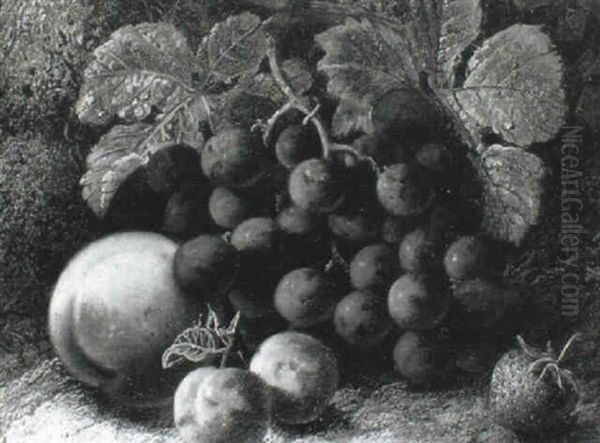Grapes, Peaches Plums And A Strawberry On A Mossy Bank - view 1
