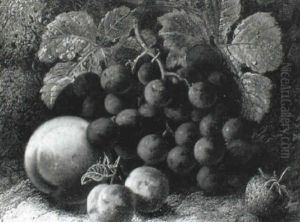 Grapes, Peaches Plums And A Strawberry On A Mossy Bank