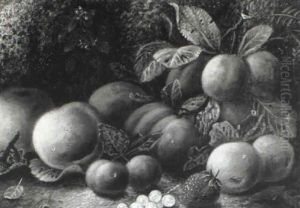 Plumbs, Peaches, Apples, Greengages, White Currants And A Strawberry On A Mossy Bank by Oliver Clare