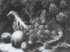Still Life Of Strawberries, Grapes, Plum, And A Peach On A  Mossy Bank