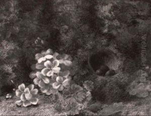 Still Life Of Primroses And Bird's Nest On Mossy Ground