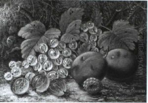 Still Life With Gooseberries, Plums And A Raspberry by Oliver Clare