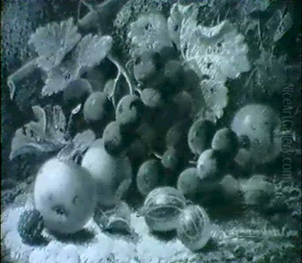 Apples, Grapes, Gooseberries, And Other Fruit On A Mossy Bank - view 1