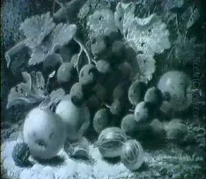 Apples, Grapes, Gooseberries, And Other Fruit On A Mossy Bank by Oliver Clare