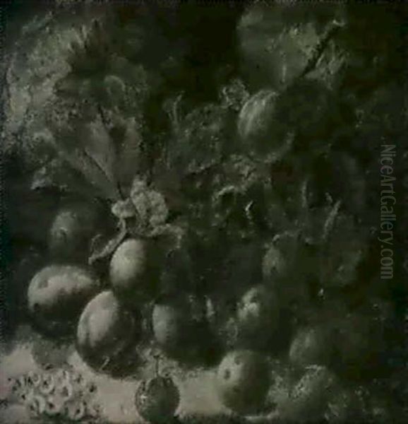Plums And Strawberries On A Mossy Bank - view 1