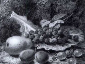 Raspberries, Plums, Gooseberries And A Pear On A Mossy Bank