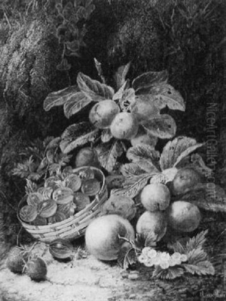 A Still Life Of Plums, Gooseberries, Strawberries And A Peach - view 1