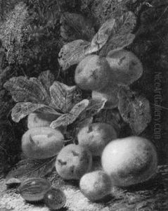 Still Life Of Plums, A Peach And Gooseberries